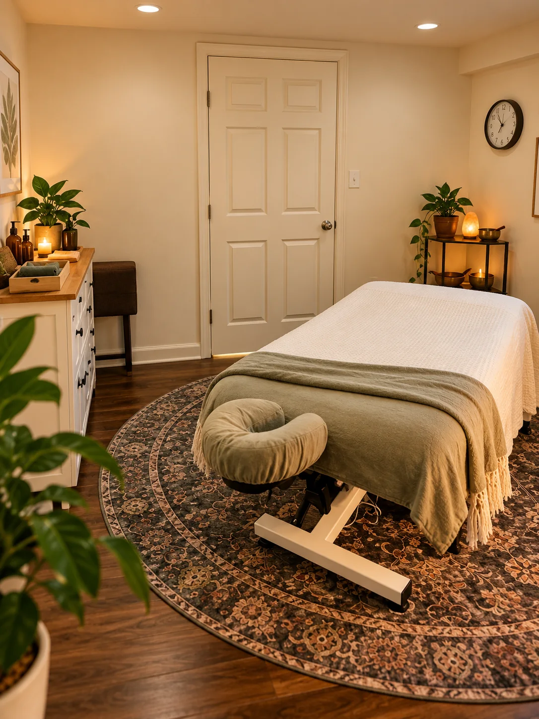 Authentic Approach treatment room with massage table and floral rug